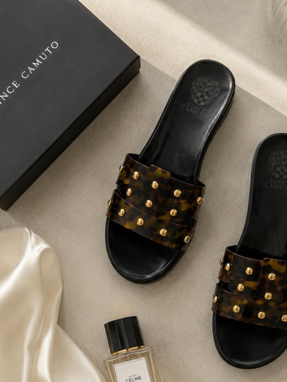 Vince Camuto Studded Slide Sandals Black / Tortoise with Gold Stud Details